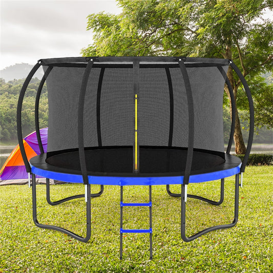 12FT Trampoline, Outdoor Big Trampoline with Inner Safety Enclosure Net, Thickened Recreational Trampoline with Ladder and PVC Spring Cover Padding, Outdoor Trampoline for Adults & Kids, Blue