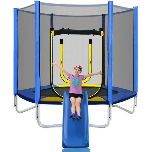 7FT Trampoline for Kids,Round Outdoor Recreational Trampoline with Safety Enclosure Net,Slide and Ladder,Easy Assembly,Blue